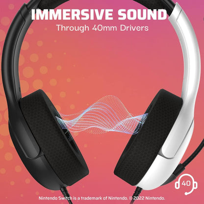 PDP Gaming AIRLITE Stereo Headset with Mic for Nintendo Switch/Switch Lite/OLED - Wired Power Noise Cancelling Microphone, Lightweight, Soft Comfort On Ear Headphones (Black & White
