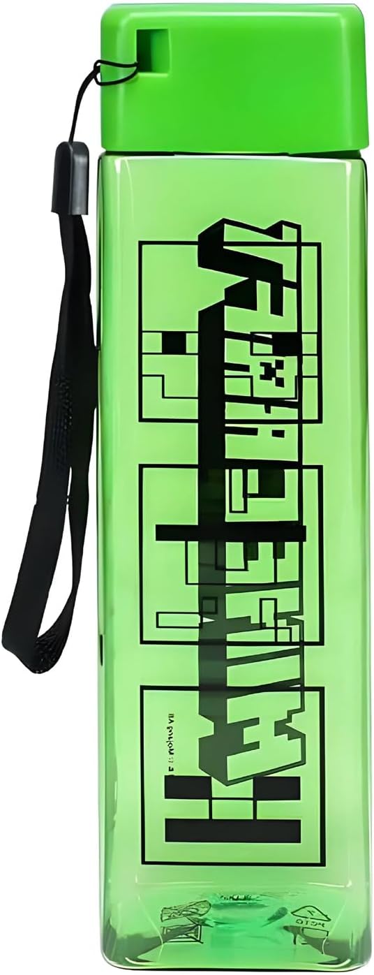 Minecraft Quadratische Reise-Kunststoff-Wasserflasche mit Handgelenkriemen, Geschenke für Jungen, 500ml (17 fl oz