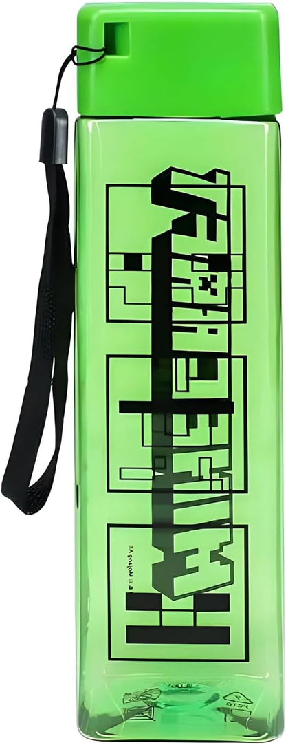 Minecraft Quadratische Reise-Kunststoff-Wasserflasche mit Handgelenkriemen, Geschenke für Jungen, 500ml (17 fl oz
