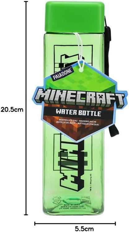 Minecraft Quadratische Reise-Kunststoff-Wasserflasche mit Handgelenkriemen, Geschenke für Jungen, 500ml (17 fl oz
