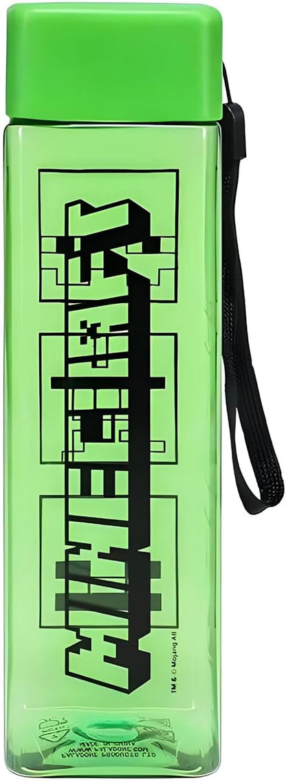 Minecraft Quadratische Reise-Kunststoff-Wasserflasche mit Handgelenkriemen, Geschenke für Jungen, 500ml (17 fl oz