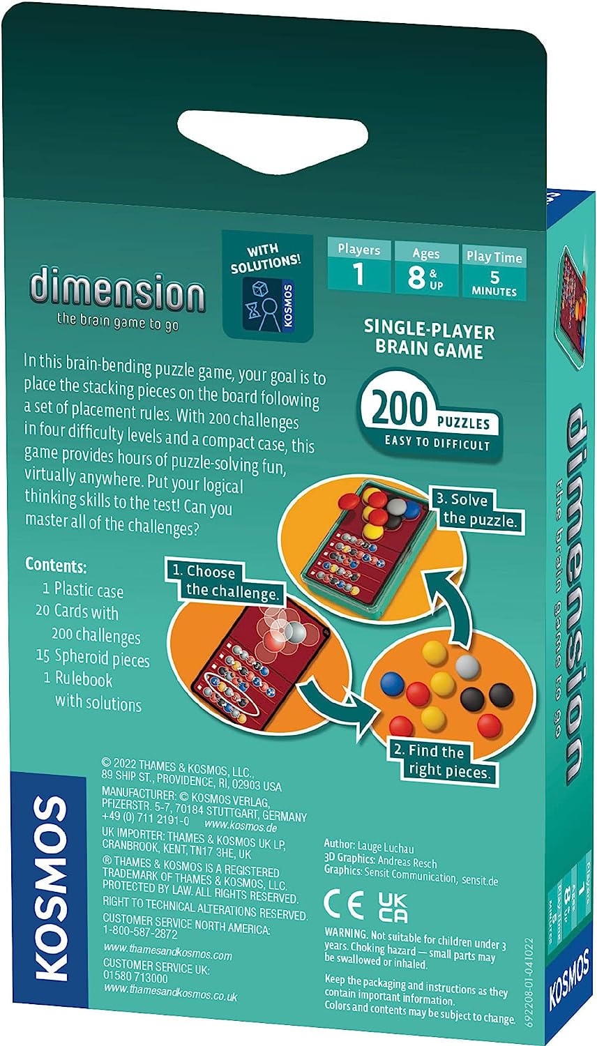 Thames & Kosmos -Dimension – The Brain Game to Go - Level: Beginner to Expert - Unique Puzzle Game – Single Player - Puzzle Solving Strategy Board Games for Adults & Kids, Ages 8+, 692208
