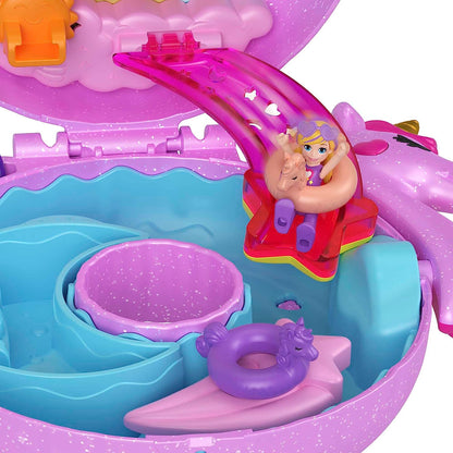 Polly Pocket Dolls and Playset, 12 Accessories, Unicorn Floatie Compact with Water Play and 2 Color-Change Pieces, HKV34