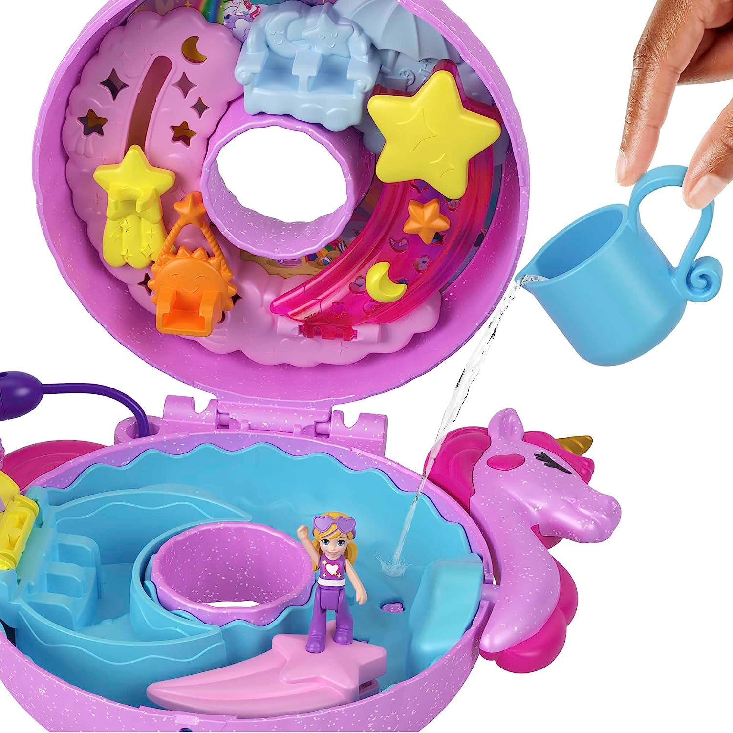 Polly Pocket Dolls and Playset, 12 Accessories, Unicorn Floatie Compact with Water Play and 2 Color-Change Pieces, HKV34