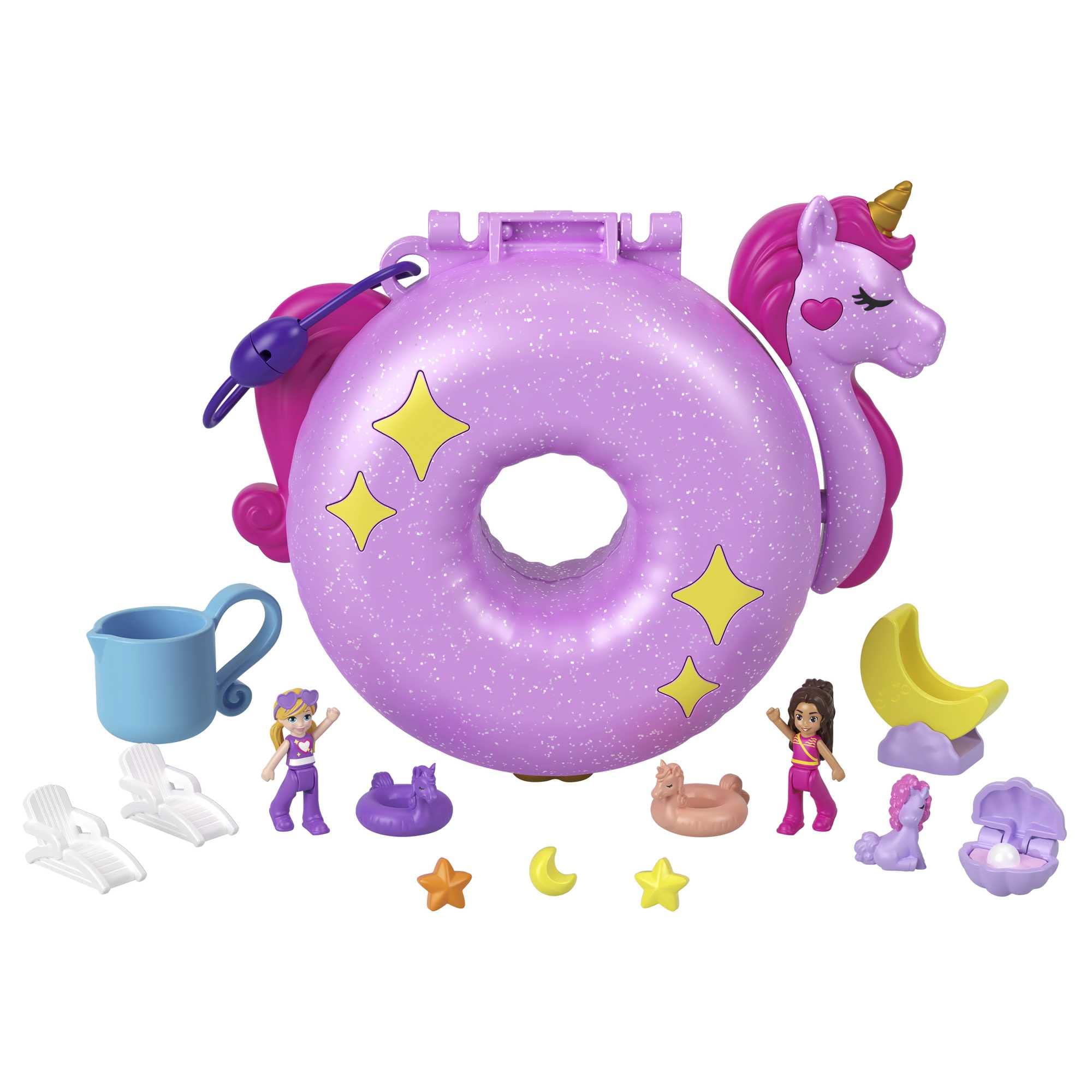 Polly Pocket Dolls and Playset, 12 Accessories, Unicorn Floatie Compact with Water Play and 2 Color-Change Pieces, HKV34