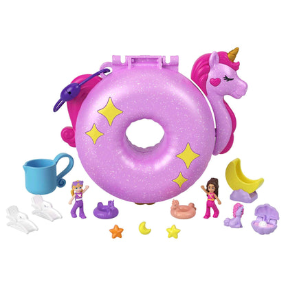 Polly Pocket Dolls and Playset, 12 Accessories, Unicorn Floatie Compact with Water Play and 2 Color-Change Pieces, HKV34