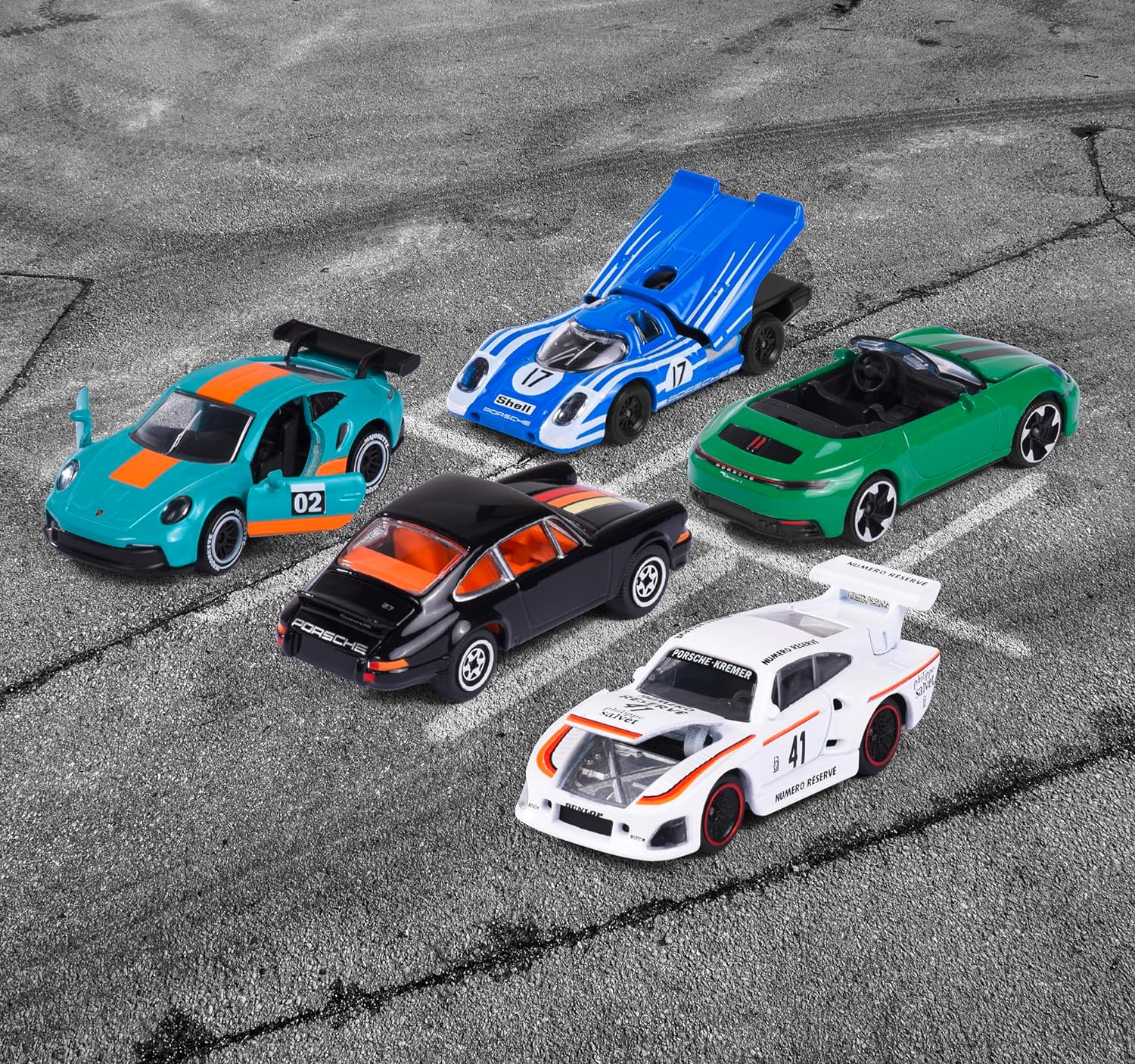 Majorette - Pack de 5 Coches de Metal Porsche, Escala 1:64, 7,5cm, Partes con Apertura, A Partir de 3 Años (212052021)
