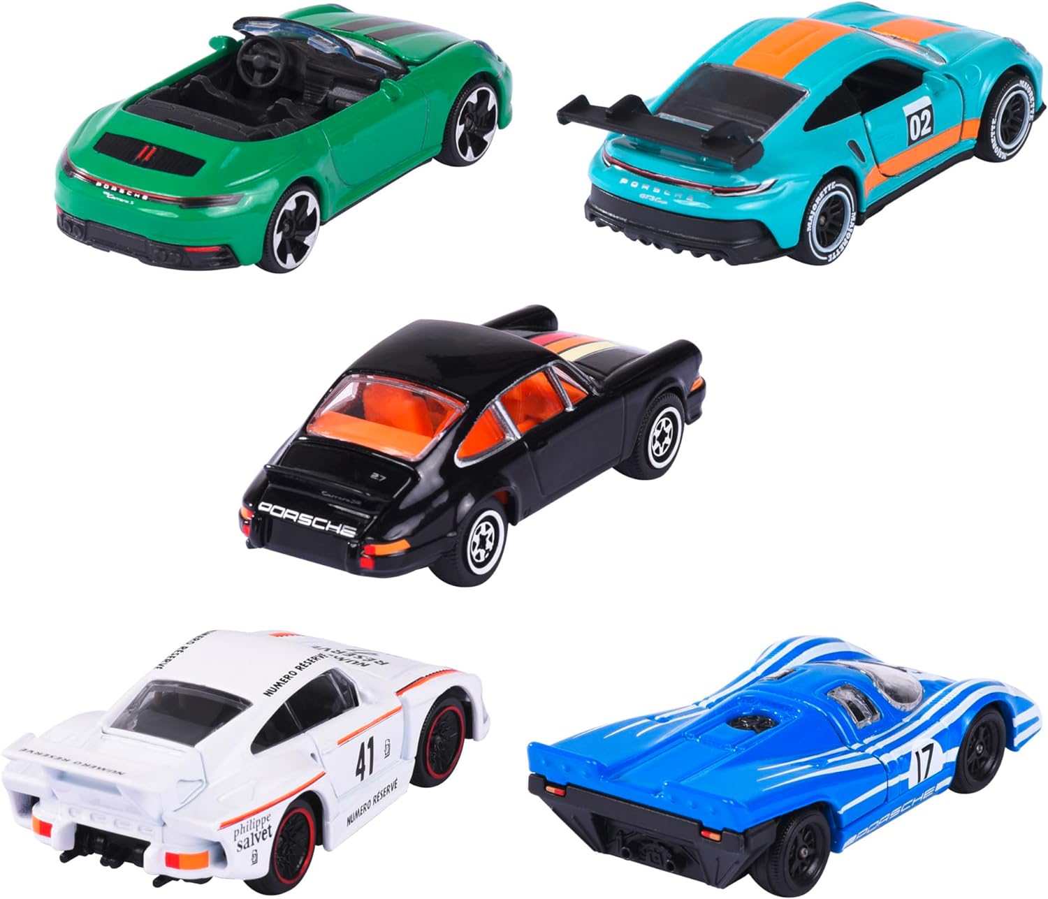 Majorette - Pack de 5 Coches de Metal Porsche, Escala 1:64, 7,5cm, Partes con Apertura, A Partir de 3 Años (212052021)
