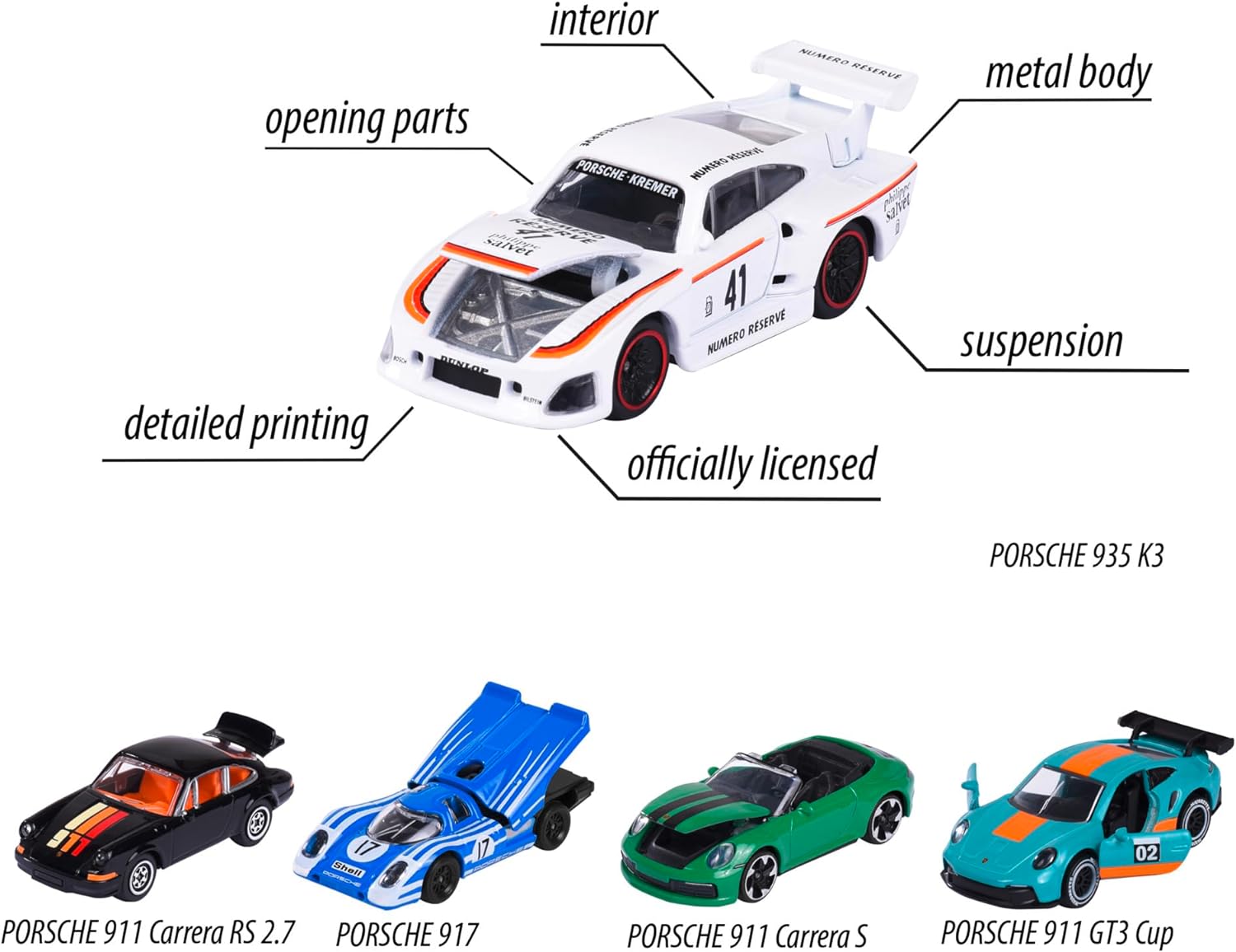 Majorette - Pack de 5 Coches de Metal Porsche, Escala 1:64, 7,5cm, Partes con Apertura, A Partir de 3 Años (212052021)