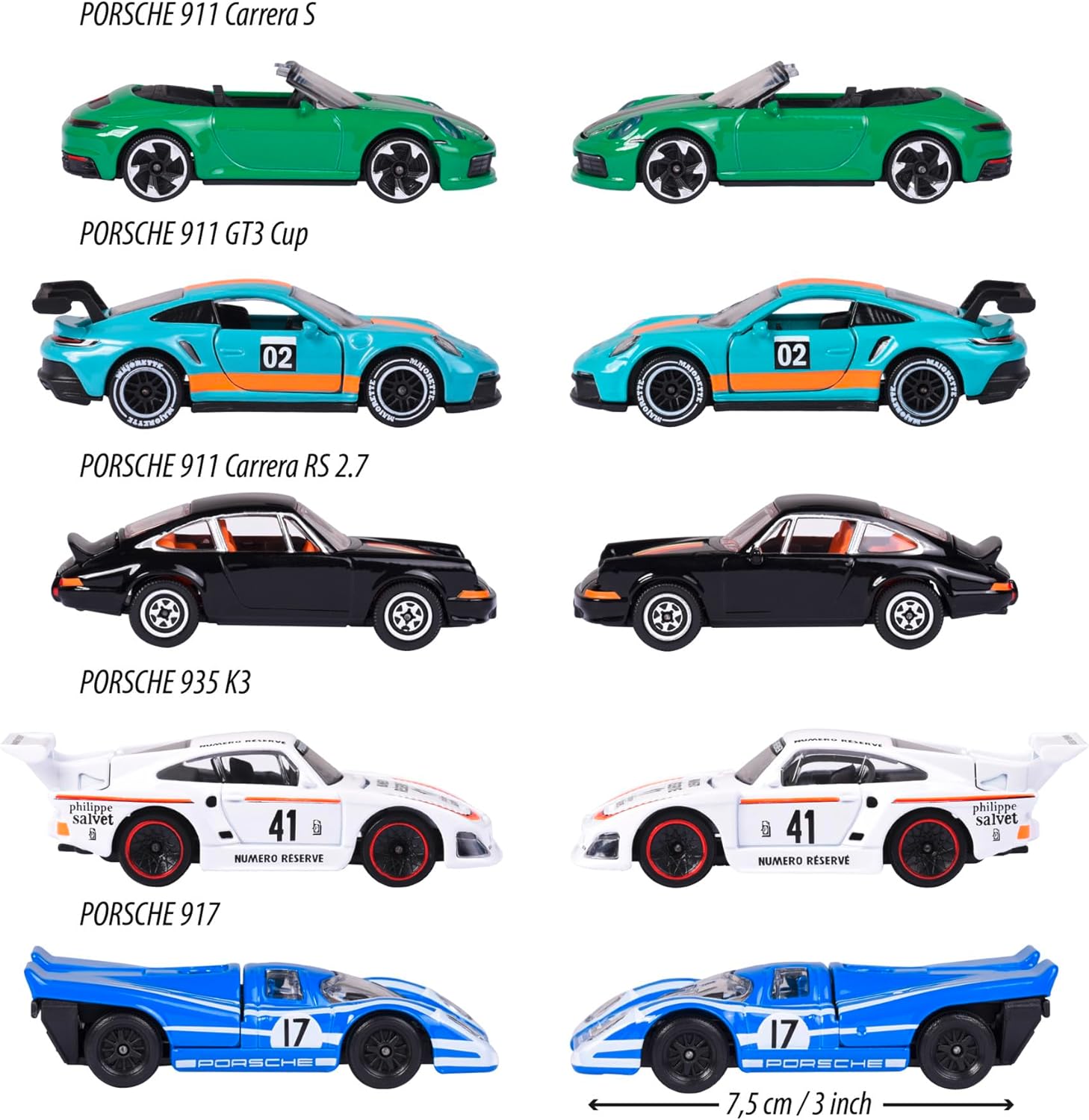 Majorette - Pack de 5 Coches de Metal Porsche, Escala 1:64, 7,5cm, Partes con Apertura, A Partir de 3 Años (212052021)
