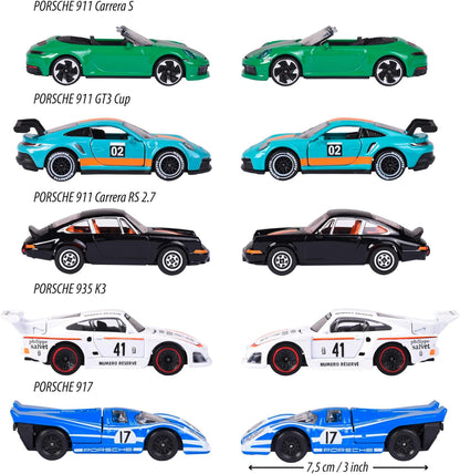 Majorette - Pack de 5 Coches de Metal Porsche, Escala 1:64, 7,5cm, Partes con Apertura, A Partir de 3 Años (212052021)