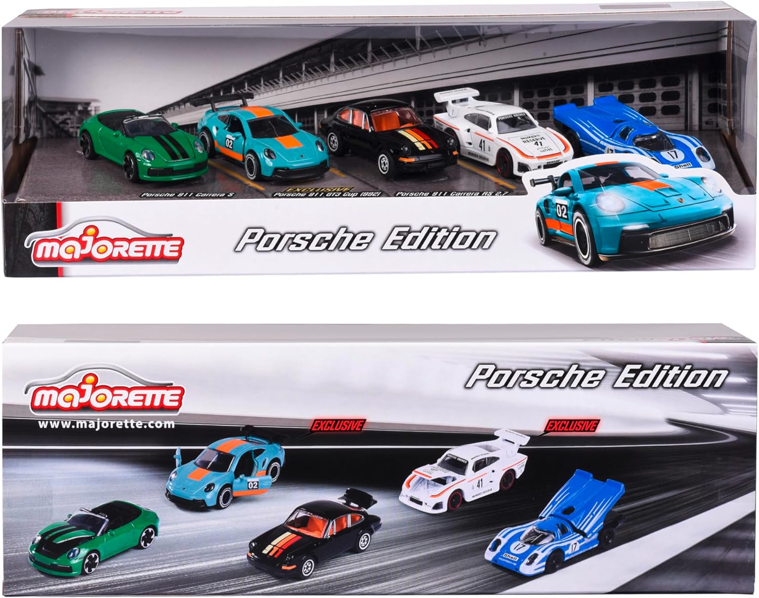 Majorette - Pack de 5 Coches de Metal Porsche, Escala 1:64, 7,5cm, Partes con Apertura, A Partir de 3 Años (212052021)
