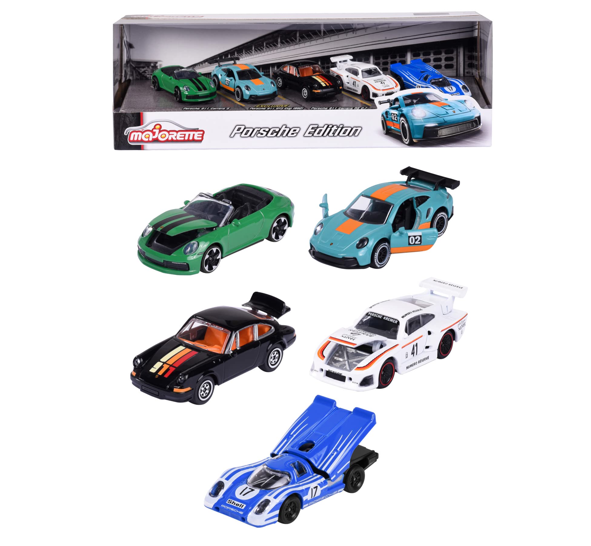 Majorette - Pack de 5 Coches de Metal Porsche, Escala 1:64, 7,5cm, Partes con Apertura, A Partir de 3 Años (212052021)