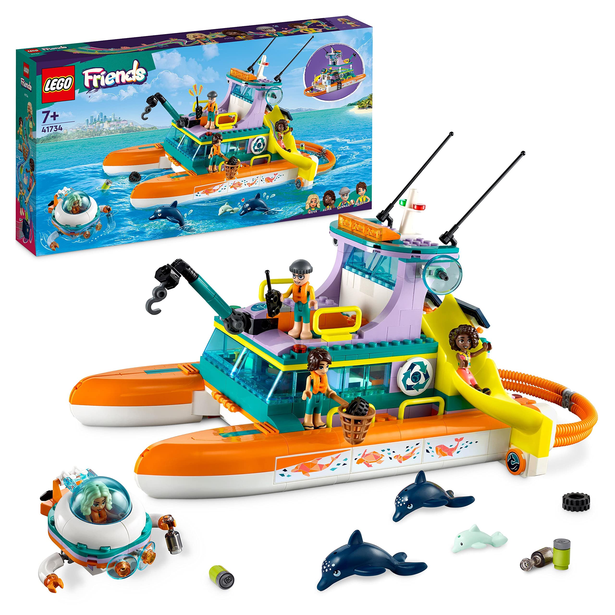 LEGO 41734 Friends Sea Rescue Boat Toy Playset with Dolphin Animal Figures and Submarine, Eco Educational Set, Animal Care Gift for Kids, Girls, Boys 7 Plus Years Old