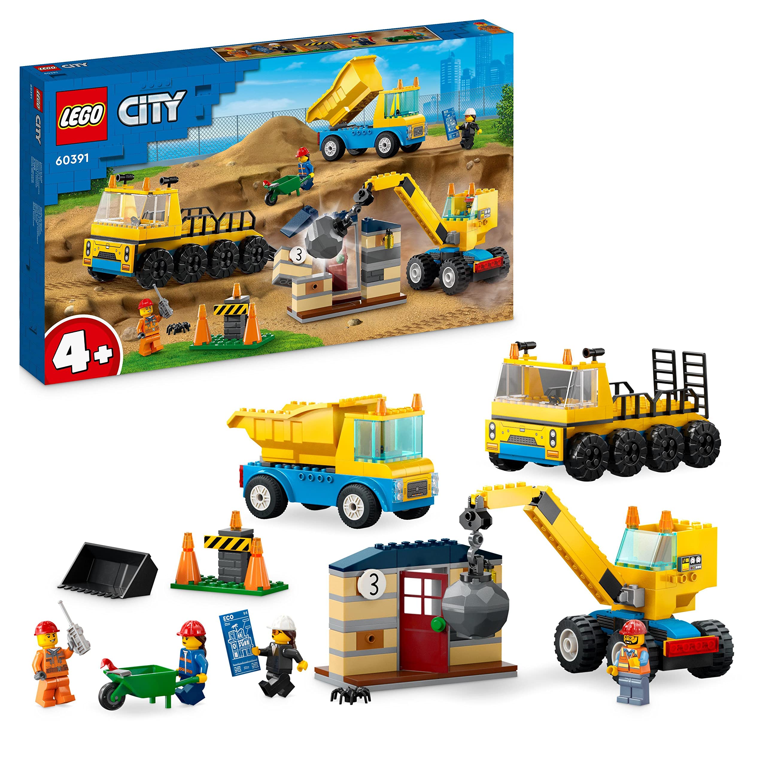 LEGO 60391 City Construction Trucks and Wrecking Ball Crane Toys, Demolition Playset with Digger Toy & 60370 City Police Station Chase Playset with Car Toy and Motorbike, Breakout Jail
