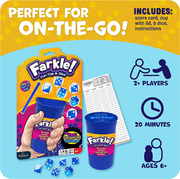 Farkle Fun Cup and Dice The Worlds Favoite Classic Push Your Luck Dice Game. Rolling Dice Cup, 6 Dice, and Scorepad Ages 6 and up