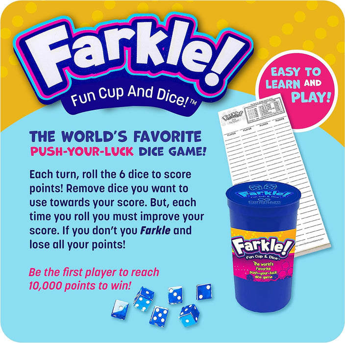 Farkle Fun Cup and Dice The Worlds Favoite Classic Push Your Luck Dice Game. Rolling Dice Cup, 6 Dice, and Scorepad Ages 6 and up