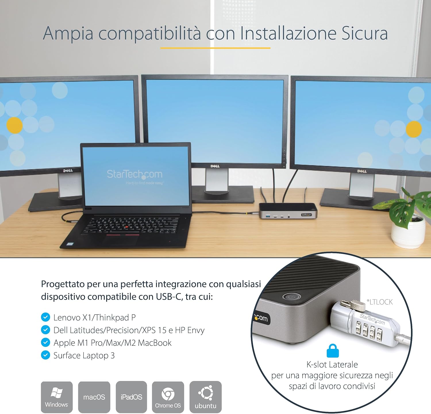StarTech.com Docking Station USB-C per Tre Monitor - Dock USB C Triplo HDMI/DP 4K - Hub USB a 5 Porte - GbE - PD 100W - Docking Station Multi Monitor - Compatibile Thunderbolt 3 e 4 (116E-USBC-DOCK