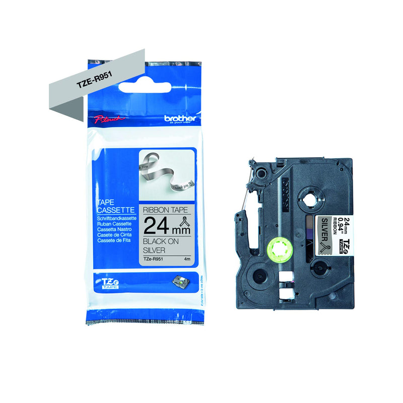 Original Brother Textiles TZe-R951 Label Tape Black on Silver Width 24 mm Length 4 m for Brother P-Touch H200, H100LB/R, H105, E100/VP, D200/BW/VP, D210/VP, Cube, Cube Plus
