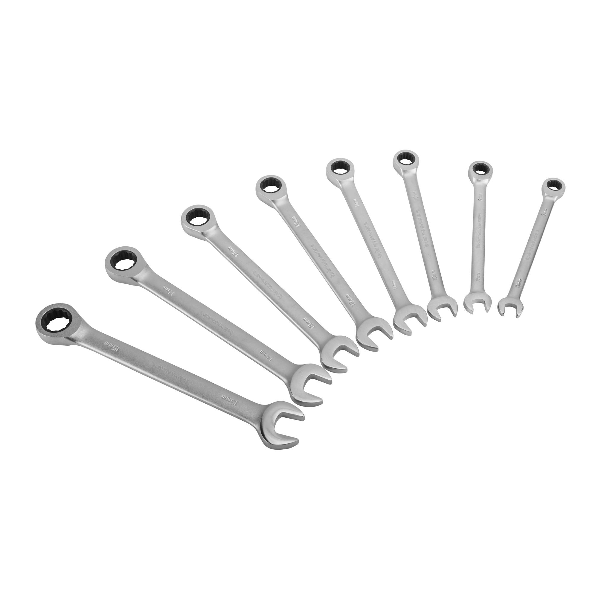 Open End Wrench Set, 8 mm, 15 mm with Ratchet 8 Silver