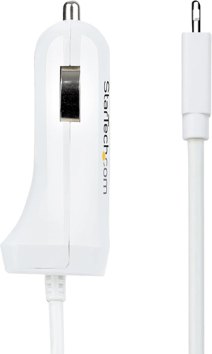 StarTech.com Lightning Car Charger with Coiled Cable, 1m Coiled Lightning Cable, 12W, White, 2 Port USB Car Charger Adapter for Phones and Tablets, Dual USB In Car iPhone Charger (USBLT2PCARW2)
