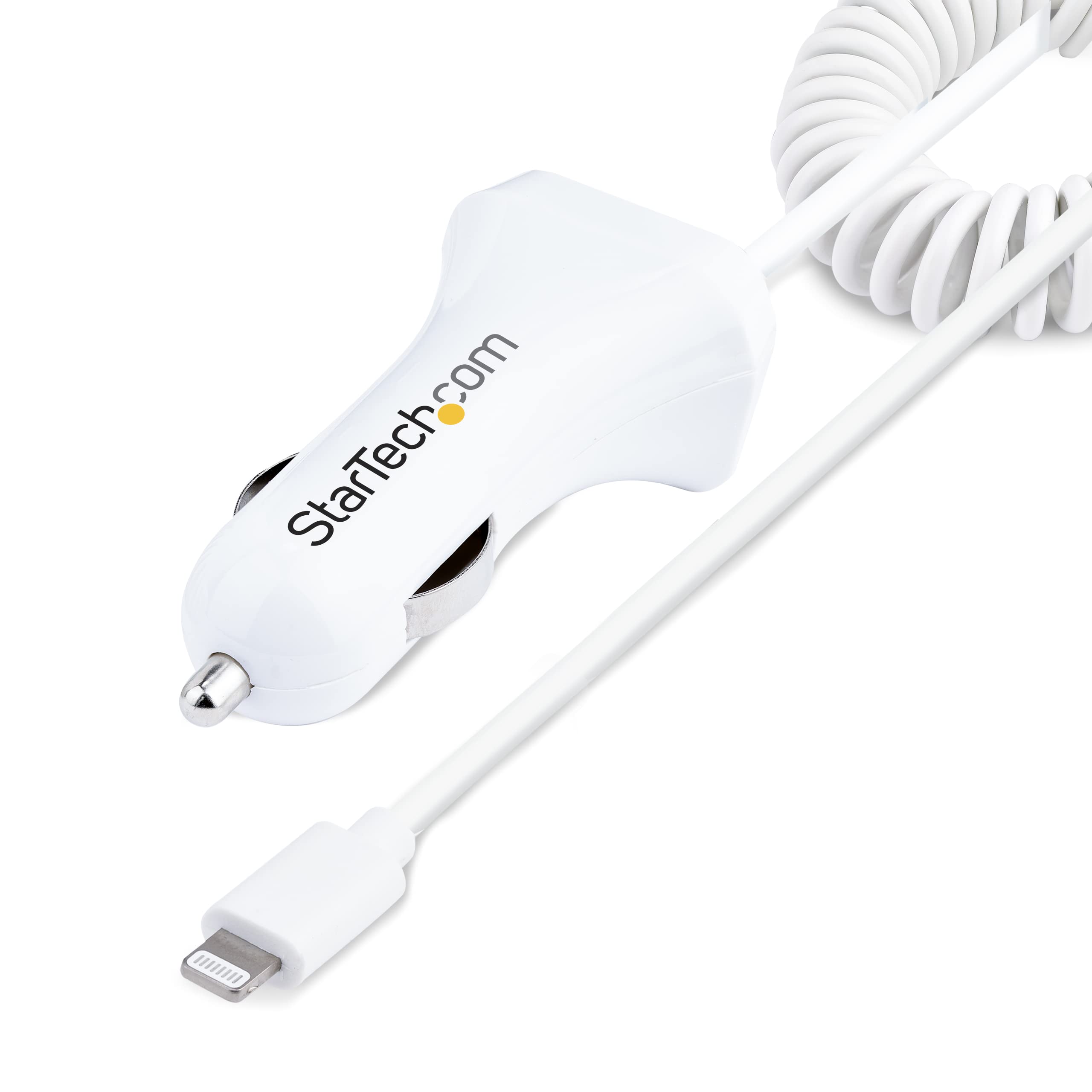 StarTech.com Lightning Car Charger with Coiled Cable, 1m Coiled Lightning Cable, 12W, White, 2 Port USB Car Charger Adapter for Phones and Tablets, Dual USB In Car iPhone Charger (USBLT2PCARW2)