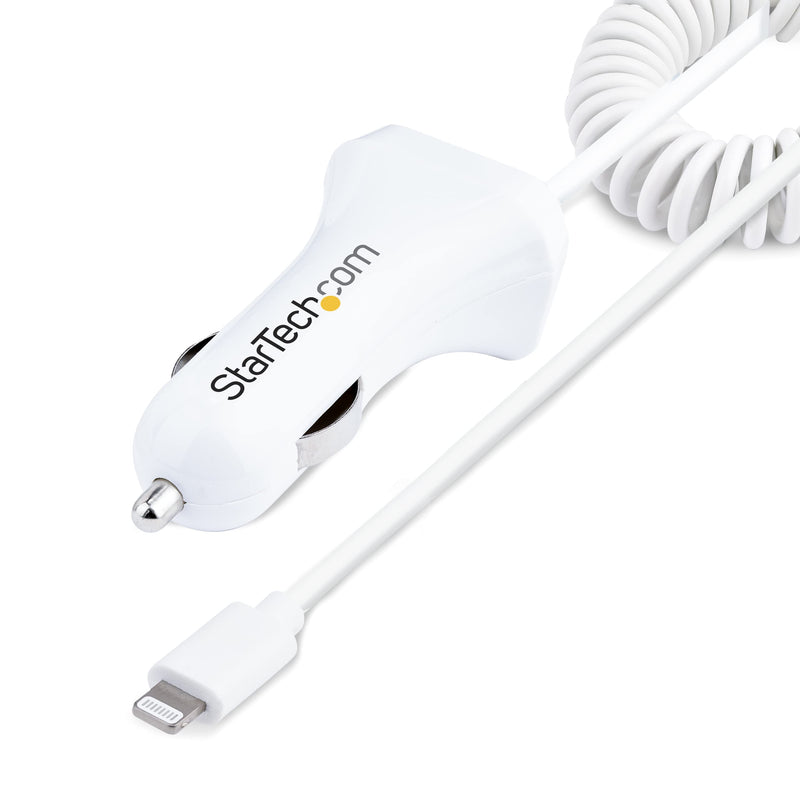 StarTech.com Lightning Car Charger with Coiled Cable, 1m Coiled Lightning Cable, 12W, White, 2 Port USB Car Charger Adapter for Phones and Tablets, Dual USB In Car iPhone Charger (USBLT2PCARW2)