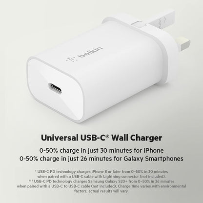 Belkin BoostCharge 25W wall charger with PPS, USB charger plug with USB-C Power Delivery, fast phone charger or a travel USB plug for iPhone 16, 15, Samsung Galaxy S24, iPad, Pixel, tablets and more