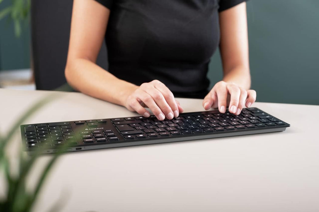 CHERRY KW 9100 SLIM, wireless keyboard, British layout, QWERTY keyboard, choice of Bluetooth or RF connectivity, SX scissor action, rechargeable via USB cable, flat
