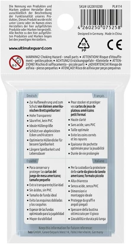 Ultimate Guard "Mini American Premium Soft Sleeves for Board Game Cards (Transparent