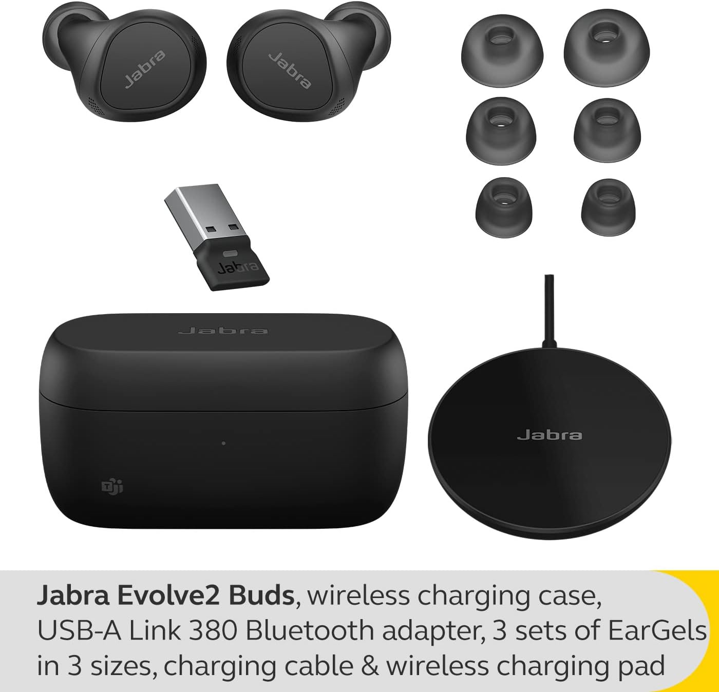 Jabra Evolve2 Buds True Wireless In-Ear Bluetooth with Active Noise Cancellation, MultiSensor Voice Technology and Wireless Charging Pad - MS Teams Certified, works with all other platforms - Black