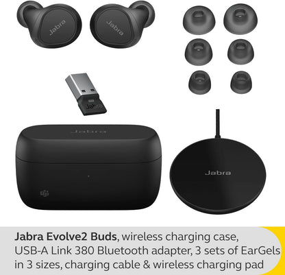 Jabra Evolve2 Buds True Wireless In-Ear Bluetooth with Active Noise Cancellation, MultiSensor Voice Technology and Wireless Charging Pad - MS Teams Certified, works with all other platforms - Black