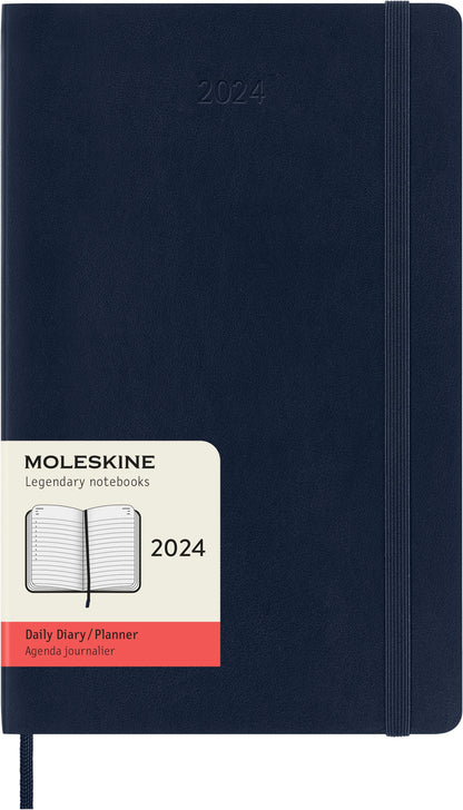 Moleskine Daily Agenda 12 Months 2024, Agenda 2024, Size Large 13x21, Soft Cover and Elastic Closure, Colour