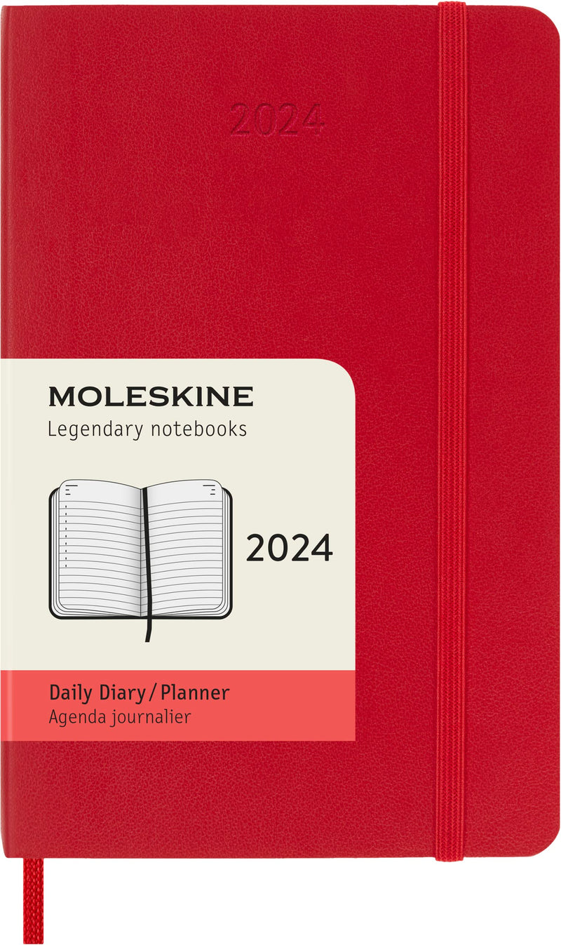 Moleskine Daily Agenda 12 Months 2024, Agenda 2024, Size Pocket 9x14, Soft Cover and Elastic Closure, Colour Scarlet Red Daily Soft Cover - Pocket Scarlet Red