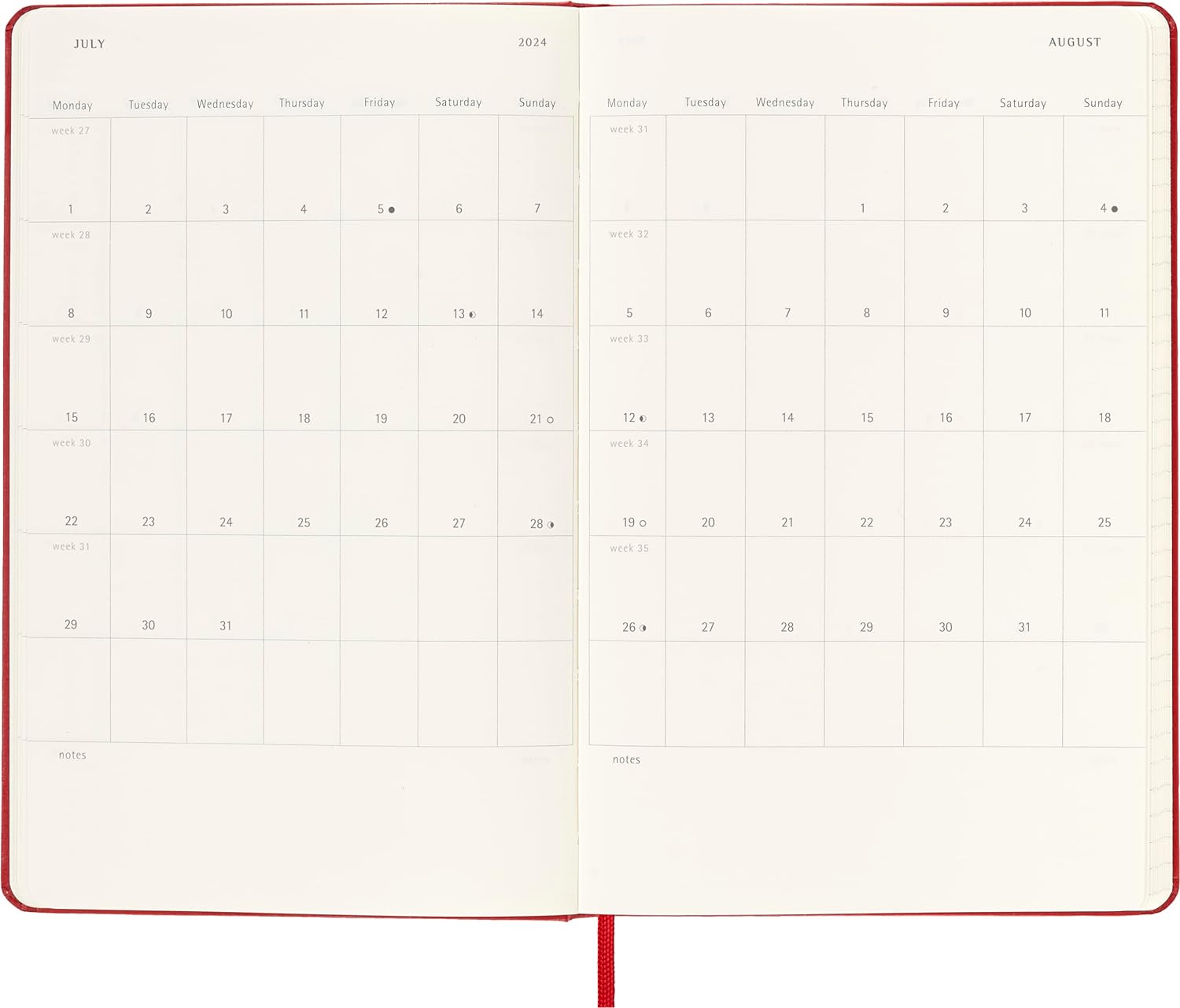 Moleskine Weekly Agenda With Space For Notes 12 Months 2024, Agenda 2024, Size Large 13x21, Hard Cover And Elastic Closure, Colour Scarlet Red