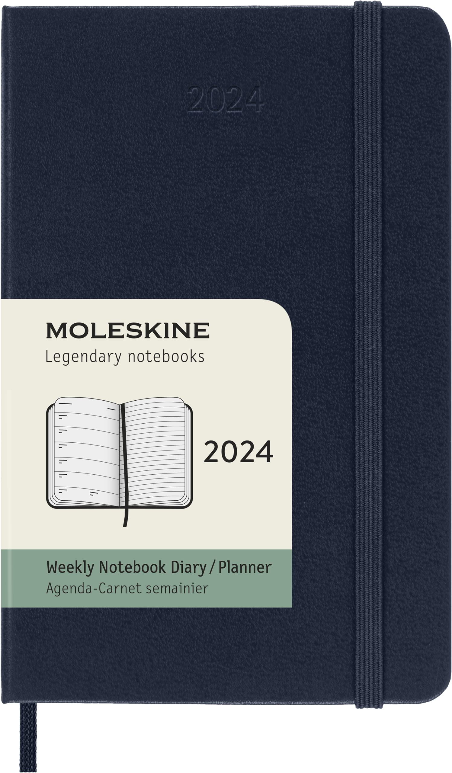 Moleskine Weekly Agenda with Space for Notes 12 Months 2024, Agenda 2024, Size Pocket 9x14, Hard Cover and Elastic Closure, Colour Sapphire Blue Weekly Notebook Hard Cover - Pocket Sapphire Blue