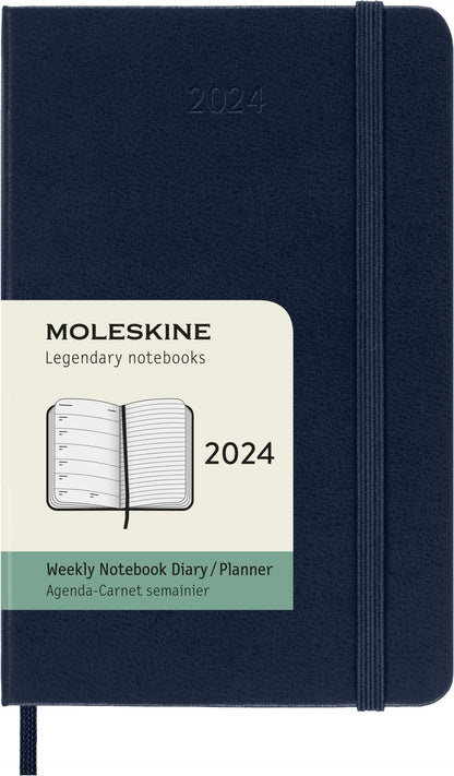 Moleskine Weekly Agenda with Space for Notes 12 Months 2024, Agenda 2024, Size Pocket 9x14, Hard Cover and Elastic Closure, Colour Sapphire Blue Weekly Notebook Hard Cover - Pocket Sapphire Blue