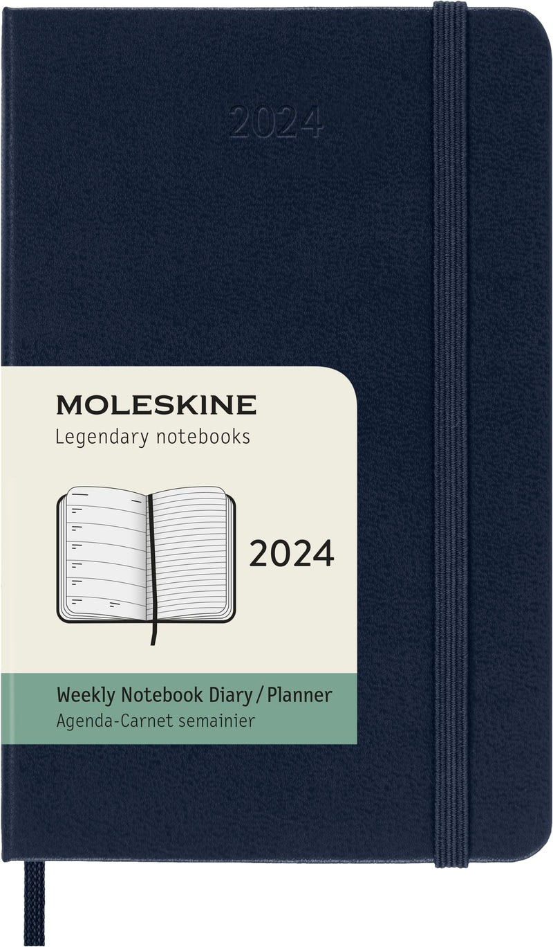 Moleskine Weekly Agenda with Space for Notes 12 Months 2024, Agenda 2024, Size Pocket 9x14, Hard Cover and Elastic Closure, Colour Sapphire Blue Weekly Notebook Hard Cover - Pocket Sapphire Blue