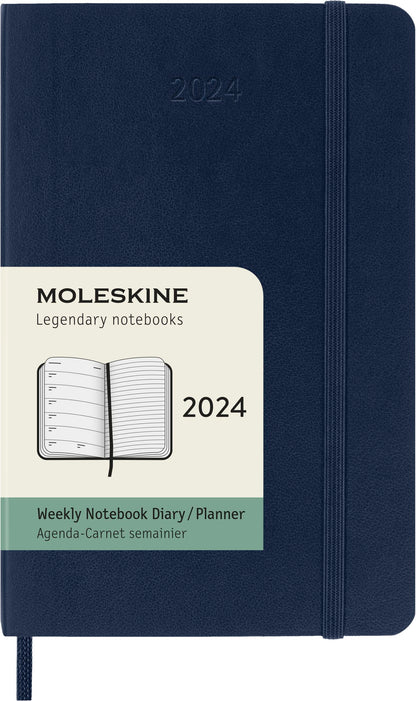 Moleskine Weekly Agenda with Space for Notes 12 Months 2024, Agenda 2024, Size Pocket 9x14, Soft Cover and Elastic Closure, Colour Sapphire Blue Weekly Notebook Soft Cover - Pocket Sapphire Blue