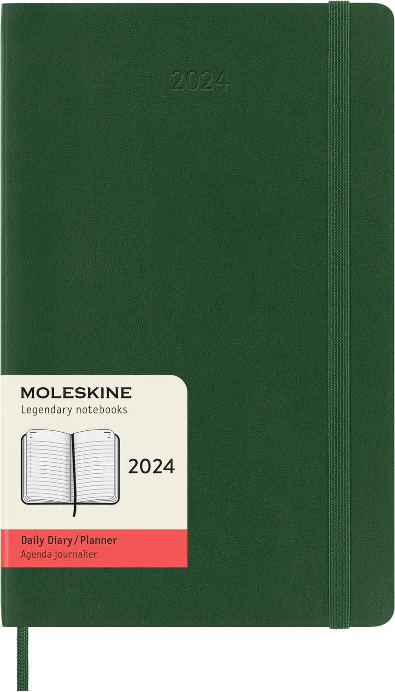 Moleskine Daily Agenda 12 Months 2024, Agenda 2024, Size Large 13x21, Soft Cover and Elastic Closure, Colour Myrtle Green Daily Soft Cover - Large Myrtle Green