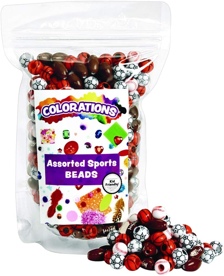 Colorations Plastic Sports Ball Beads for Kids.5 lb, Accent Beads, Ball Beads, Football, Soccer, Baseball, Basketball, Arts & Crafts, Boys & Girls