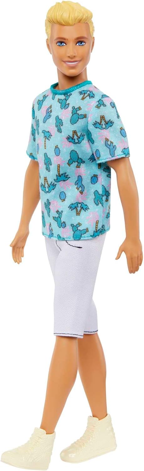 Barbie Ken Fashionistas Doll #211 with Blond Hair, Wearing Cactus Tee and White Shorts with Sneakers, HJT10 Blue Shirt Ken