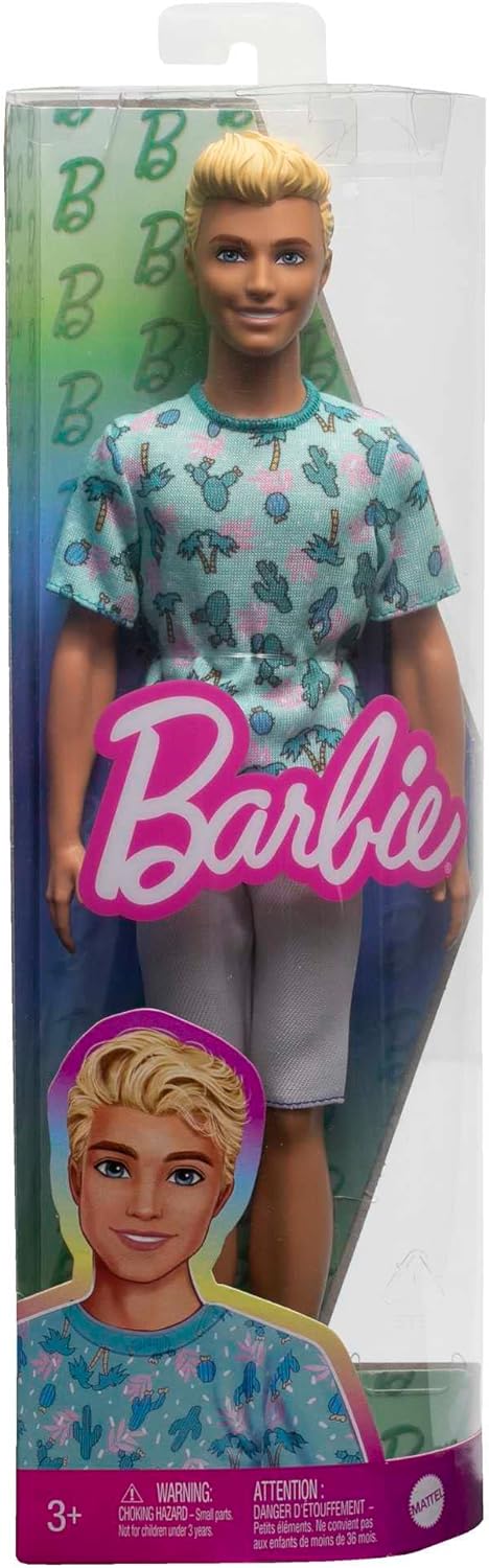 Barbie Ken Fashionistas Doll #211 with Blond Hair, Wearing Cactus Tee and White Shorts with Sneakers, HJT10 Blue Shirt Ken