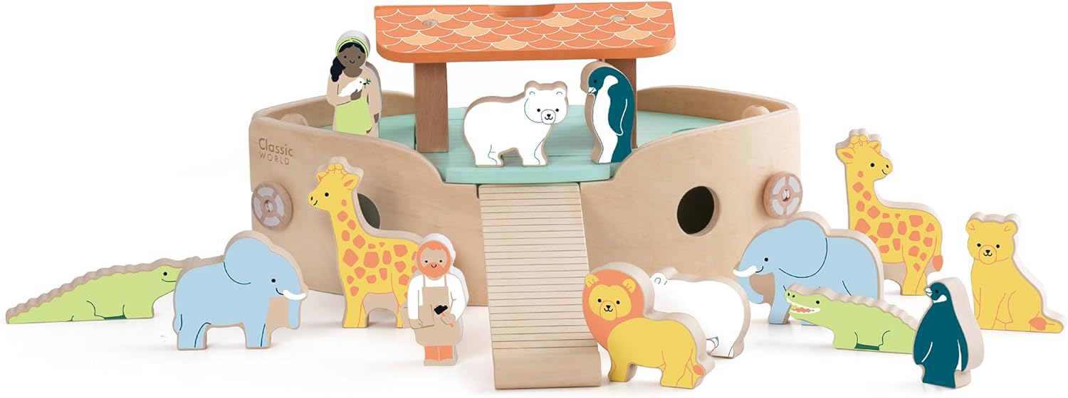 Classic World Holzschiff Arche Noah | Taufgeschenk | Montessori Spielzeug 2 Jahre | Holzspielzeug Bibel | Taufgeschenke für Jungen Mädchen | Außergewöhnliches Taufgeschenk
