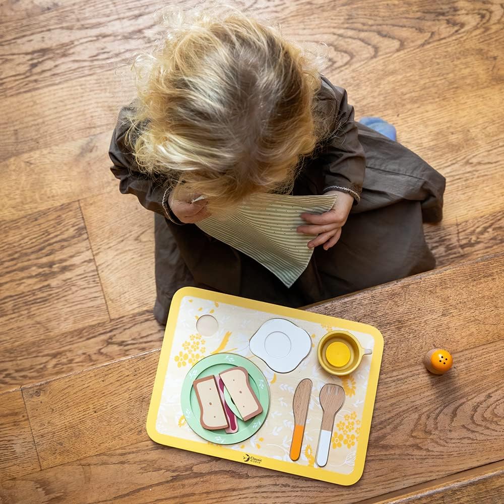 Classic World - Vintage Breakfast Tray - Wooden Play Food - Colourful Kitchen Pretend Playset - Montessori Toys - Suitable for 3+ Years Old