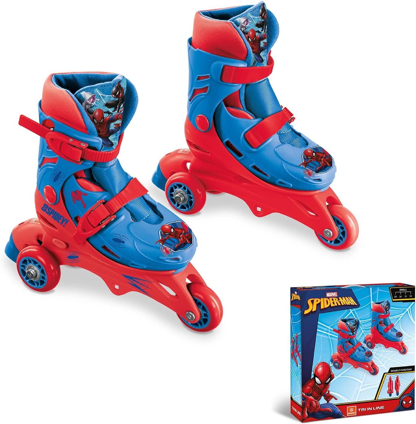 mondo Toys - Marvel Spiderman - 3 In-Line Skates - Adjustable Dual Function - PVC Wheels - Scooter for Boys/Girls - Size S/Size 29/32-28631, Multi-coloured 3 IN LINE SKATE SPIDERMAN