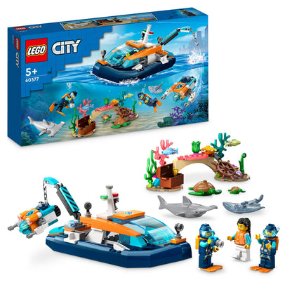 LEGO City Explorer Diving Boat Toy with Mini-Submarine, Shark, Crab, Turtle Manta Ray and Sea Animal Figures, Underwater Ocean Diving Set, for Kids Aged 5+ 60377 Single