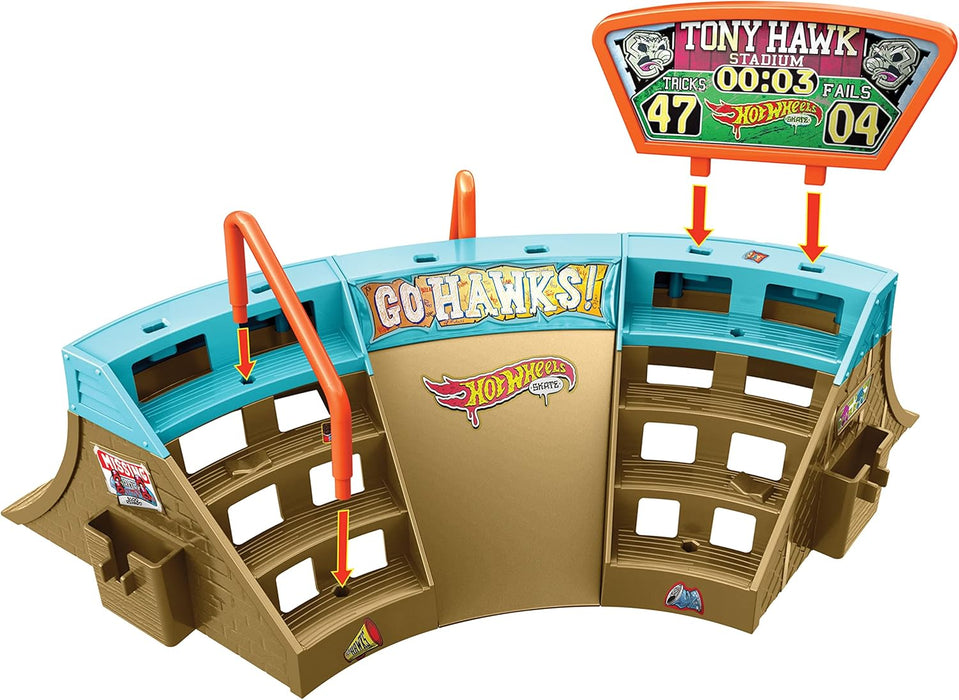 Hot Wheels Skate Stadium Playset Designed with Tony Hawk, 1 Exclusive Fingerboard & Pair of Skate Shoes, with Storage