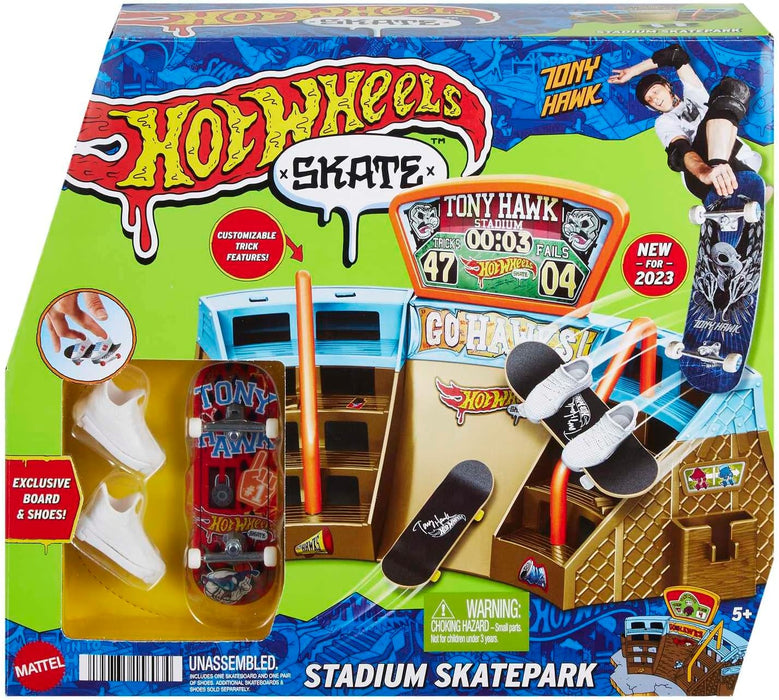 Hot Wheels Skate Stadium Playset Designed with Tony Hawk, 1 Exclusive Fingerboard & Pair of Skate Shoes, with Storage