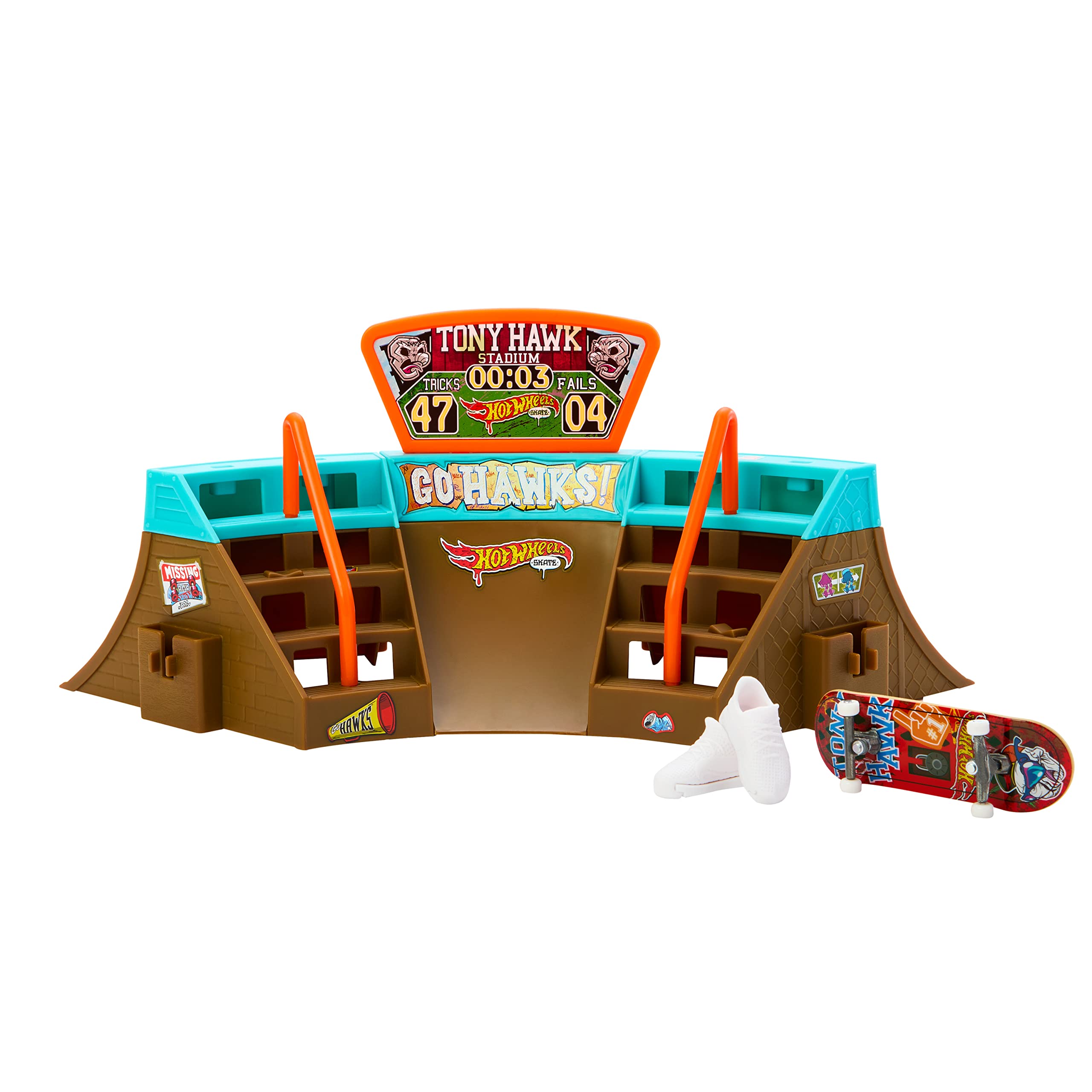 Hot Wheels Skate Stadium Playset Designed with Tony Hawk, 1 Exclusive Fingerboard & Pair of Skate Shoes, with Storage